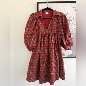 Saule Parc 100% Cotton Red Floral Puff-Sleeve Mini Dress size Medium